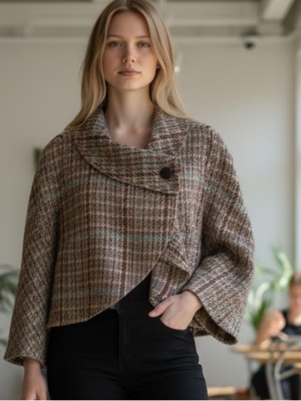 Cropped Plaid Wool-Blend Cape Jacket - Brown Multi